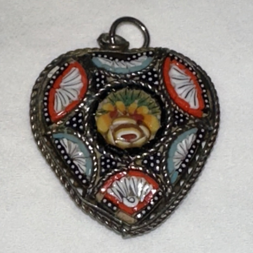 Vintage Italian Micro Mosaic Heart Pendant Floral Design – Silver Tone Souvenir